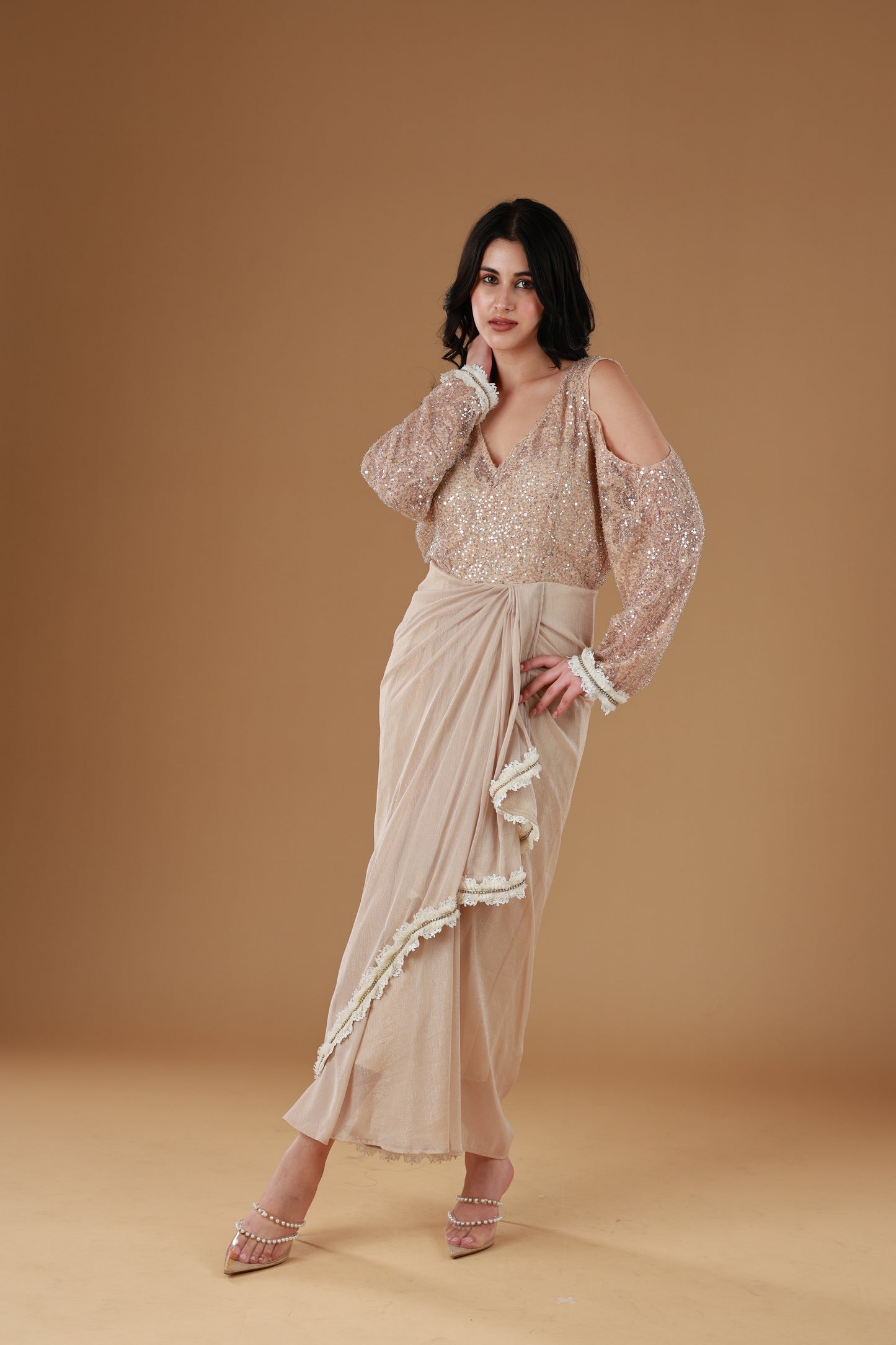 Champagne Glow Drape Dress