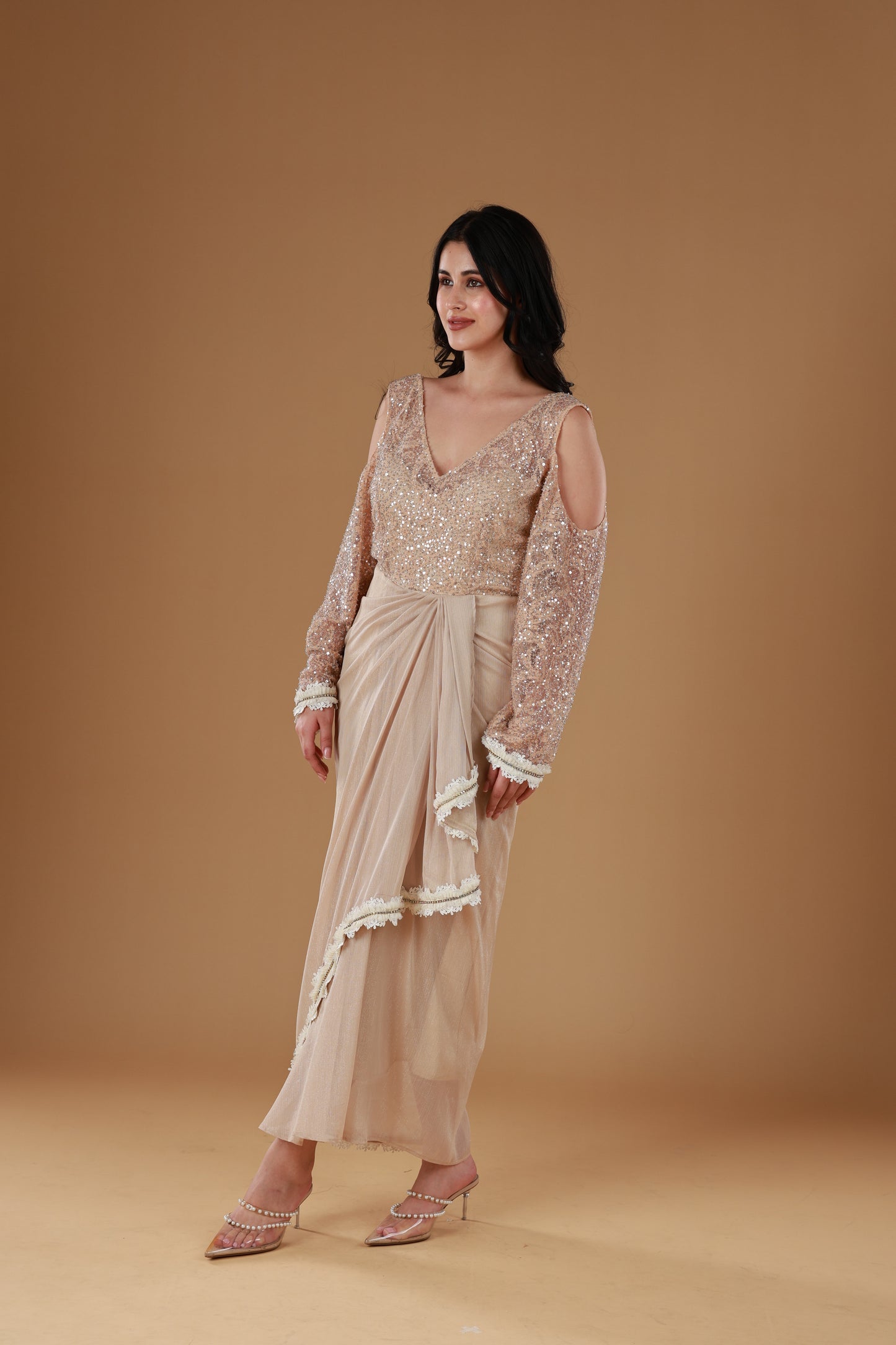Champagne Glow Drape Dress