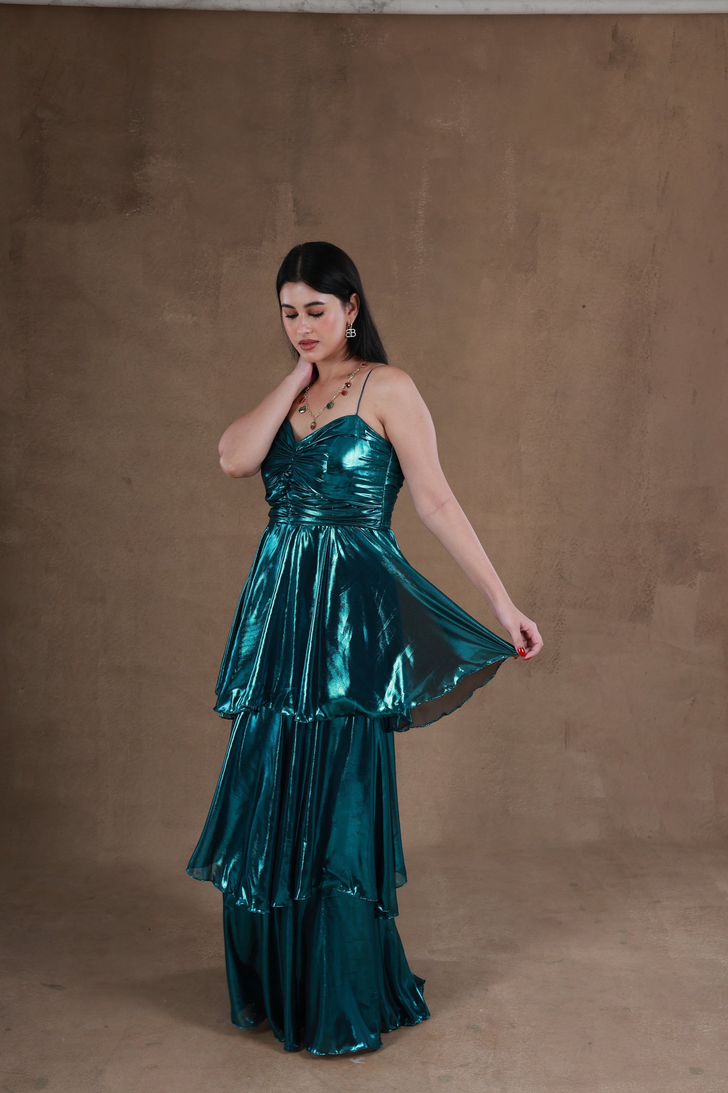Shiny Cyan Cascade Dress