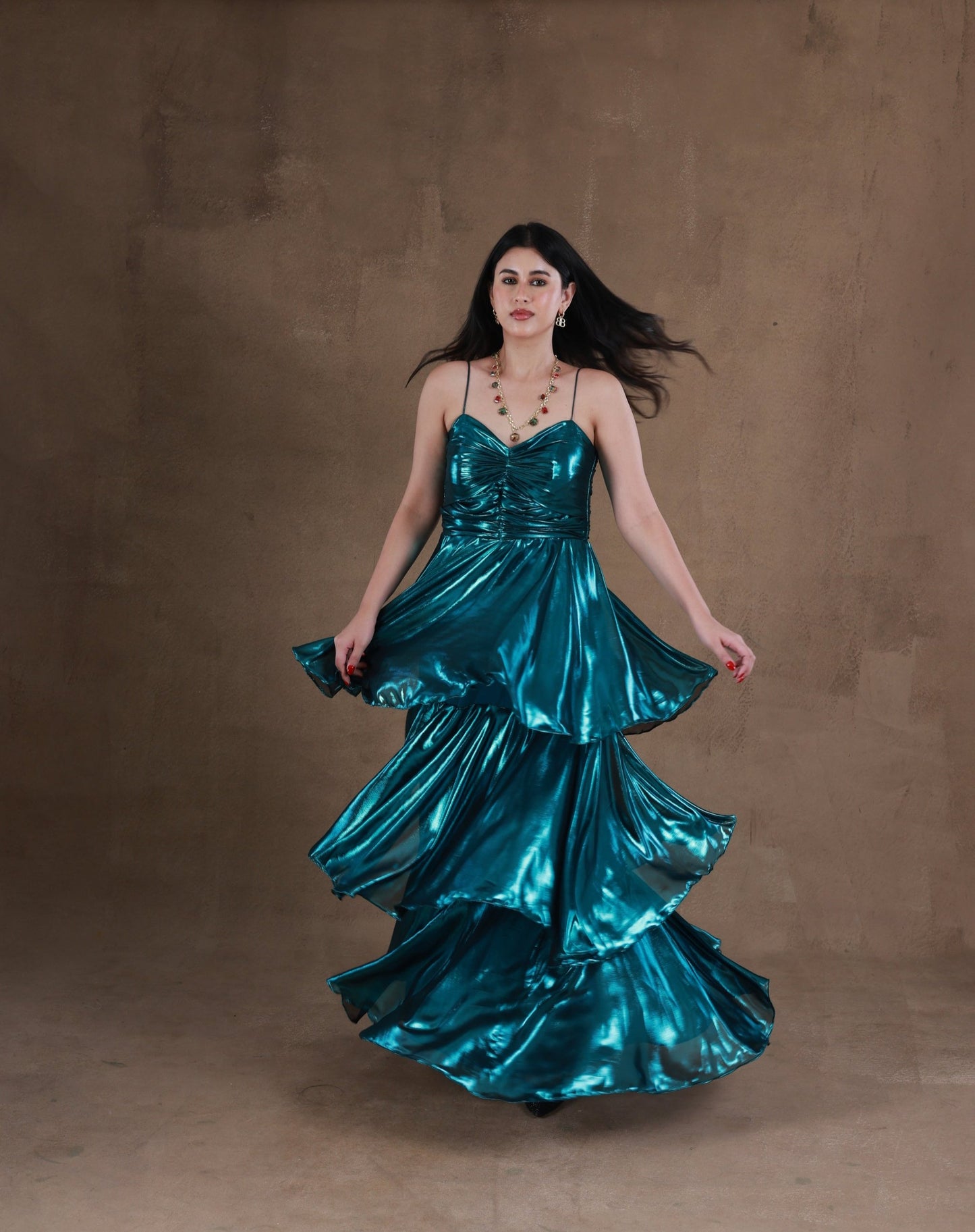Shiny Cyan Cascade Dress