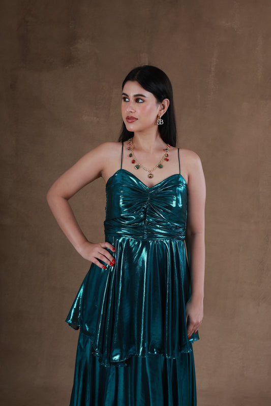 Shiny Cyan Cascade Dress