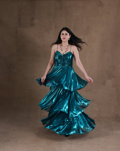 Shiny Cyan Cascade Dress