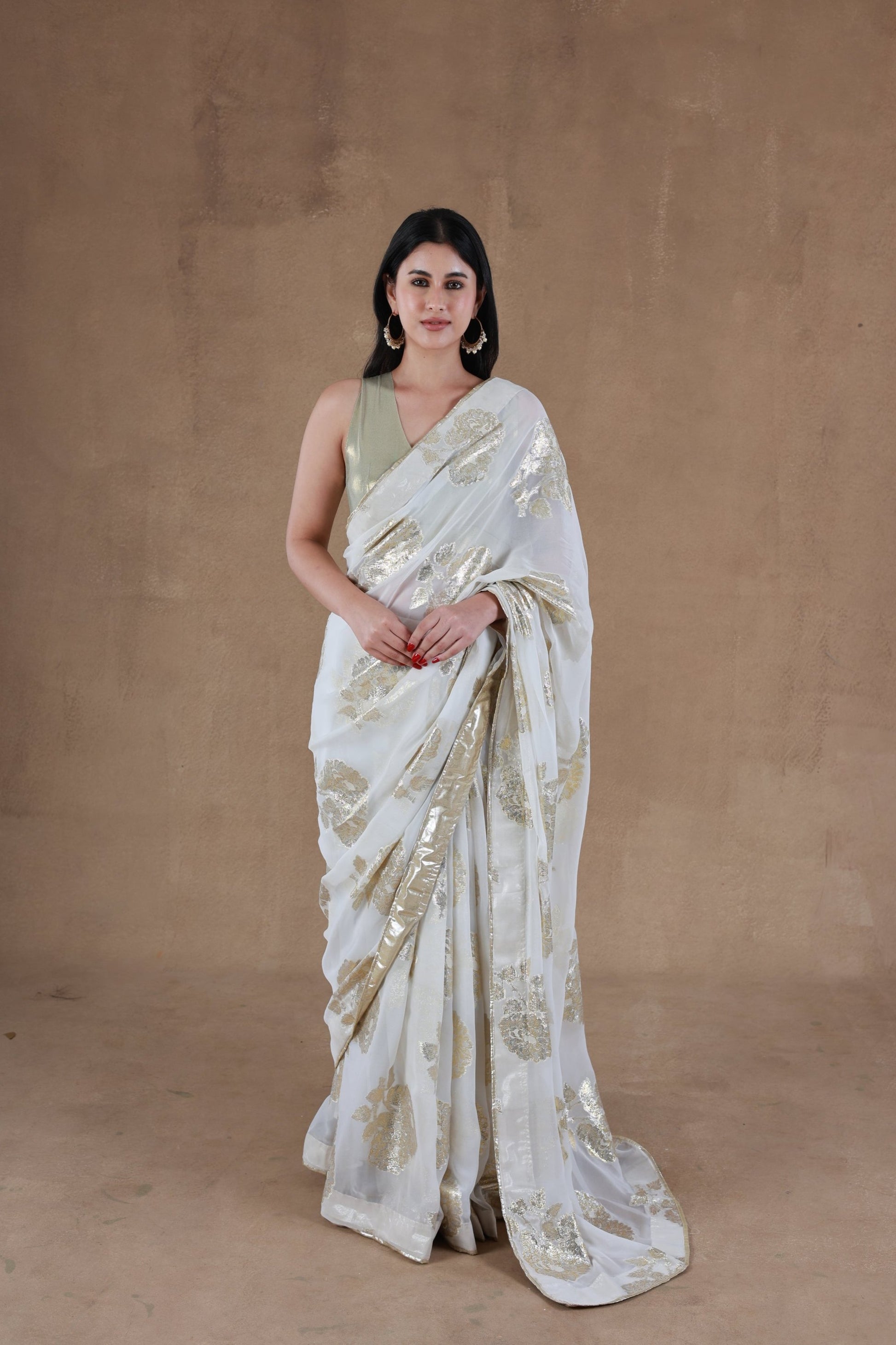 Model in Slay Official Aurora Gold Foil Saree designed by Simar, showcasing a front pose.